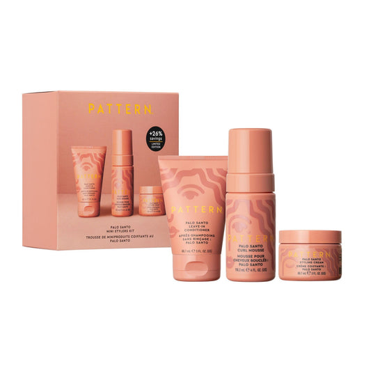 PATTERN Beauty by Tracee Ellis Ross Palo Santo Mini Kit features our Bestsellling Formulas: Palo Santo Leave-In Conditioner, Palo Santo Curl Mousse, Palo Santo Styling Cream in Mini Travel Sizes