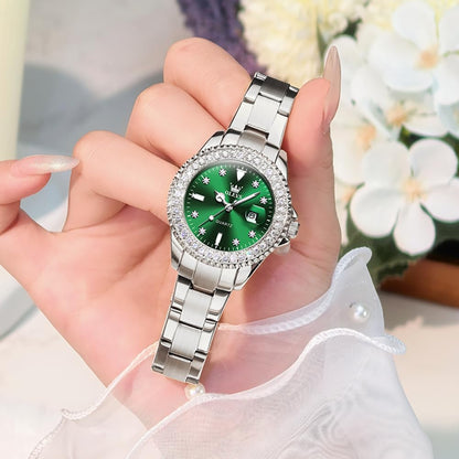 OLEVS Women Watch Silver and Green Watches for Women Small Wrist Ladies Diamond Classic Stainless Steel Dress Female Watches Analog Quartz Waterproof Date Women's Wrist Watch Luminous Reloj de Mujer