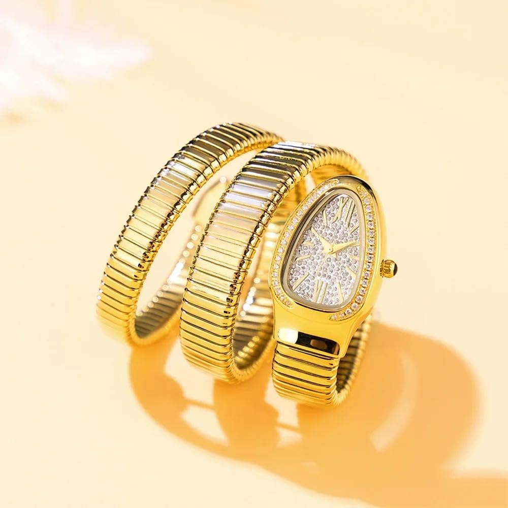 KLSKLYL Iced Out Snake Bracelet Fashion Women's Watch Gold Steel Wrapped Strap Quartz Watches Women Casual Ladies Wristwatch (Gold)
