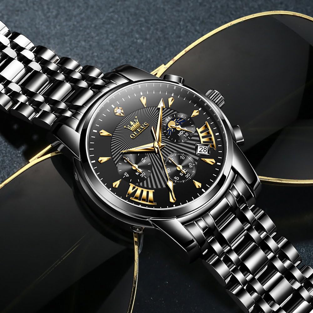 OLEVS Watch Men Black Watches for Men Chronograph Stainless Steel Mens Watches Big Face Classic Luxury Men's Wrist Watch with Date Luminous Waterproof Dress Analog Quartz Relojes para Hombres