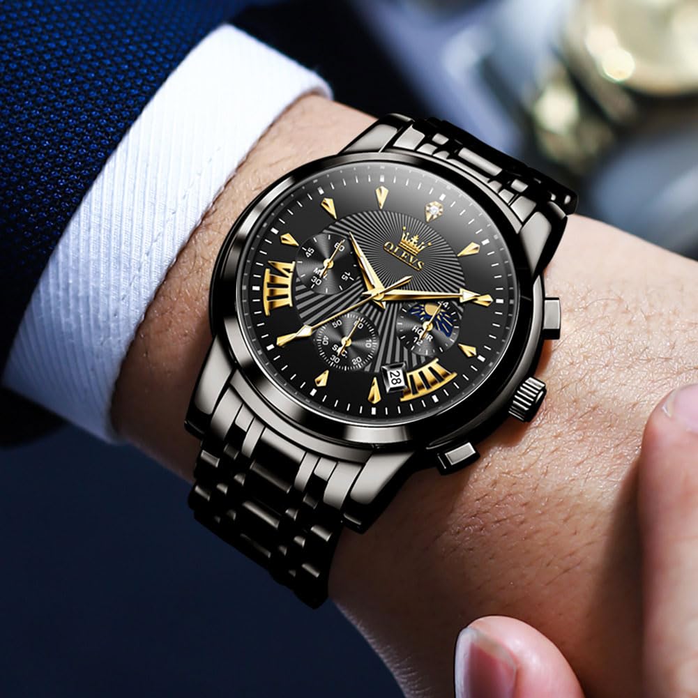 OLEVS Watch Men Black Watches for Men Chronograph Stainless Steel Mens Watches Big Face Classic Luxury Men's Wrist Watch with Date Luminous Waterproof Dress Analog Quartz Relojes para Hombres