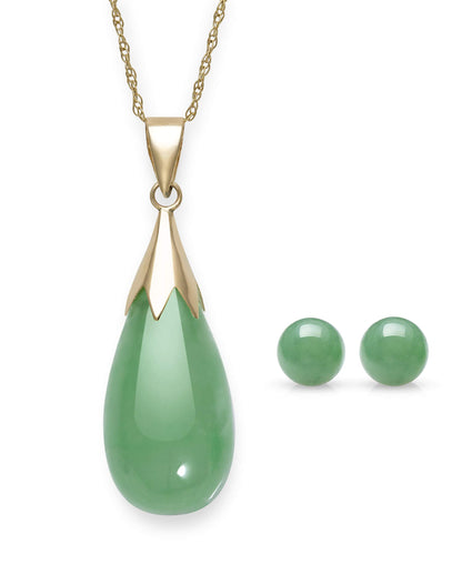 Belacqua Natural teardrop Jade Pendant Necklace with Round Stud Earringss Set for Women |14K Gold 18" Rope Chain With Spring Ring Clasp | Jewelry for Her | Gift Box Included