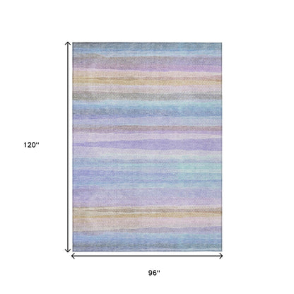 8' X 10' Lavender Sky Blue And Beige Striped Washable Indoor Outdoor Area Rug-2