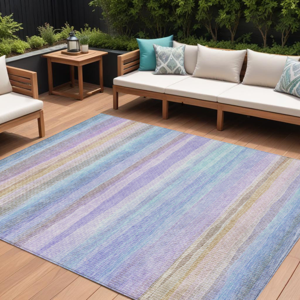 8' X 10' Lavender Sky Blue And Beige Striped Washable Indoor Outdoor Area Rug-0