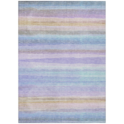 8' X 10' Lavender Sky Blue And Beige Striped Washable Indoor Outdoor Area Rug-1
