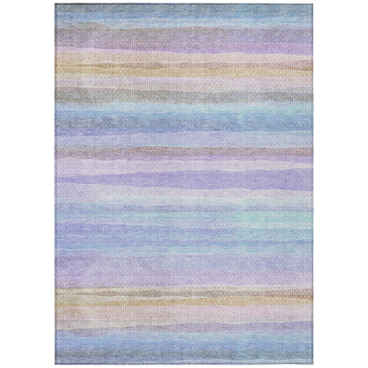 8' X 10' Lavender Sky Blue And Beige Striped Washable Indoor Outdoor Area Rug-1
