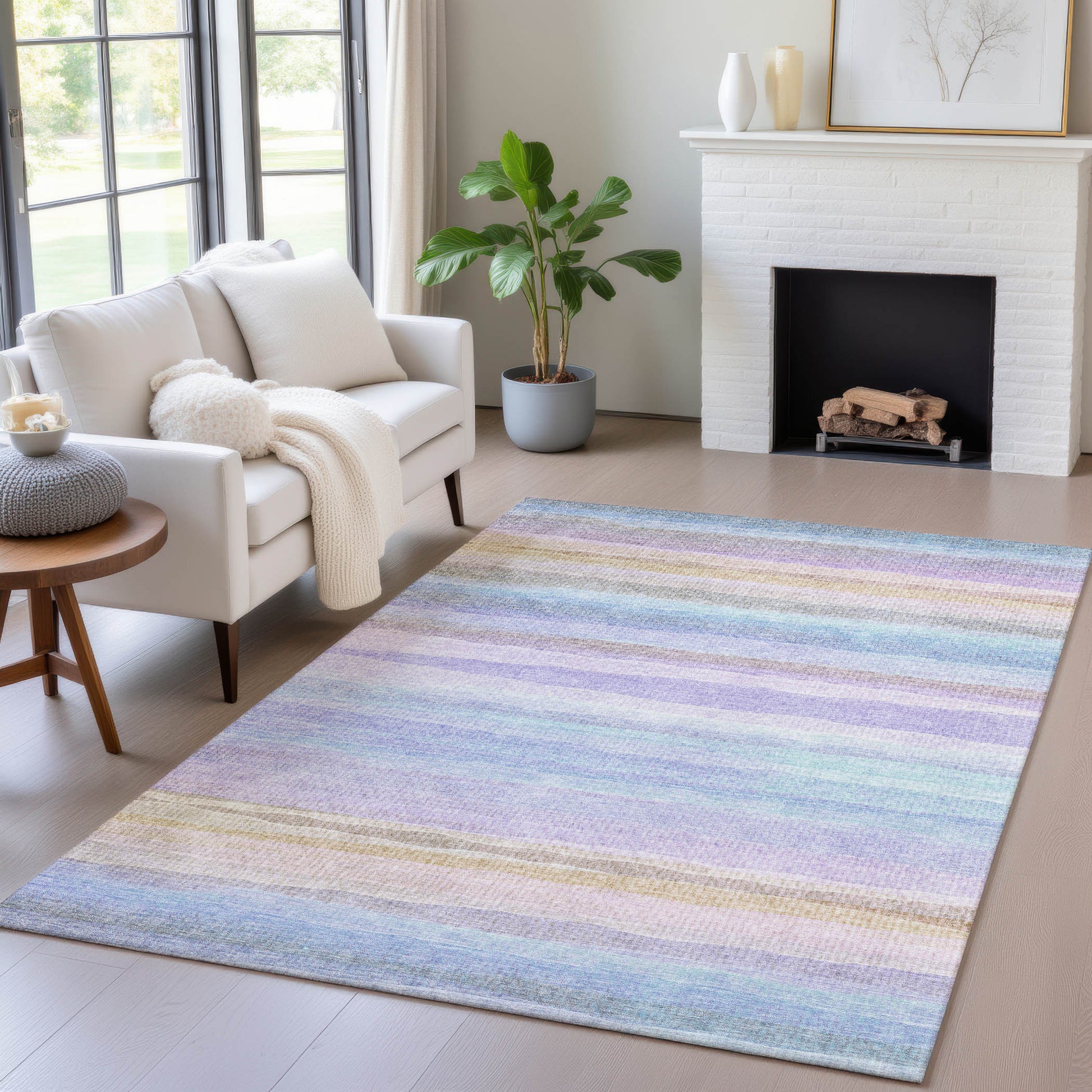 8' X 10' Lavender Sky Blue And Beige Striped Washable Indoor Outdoor Area Rug-8