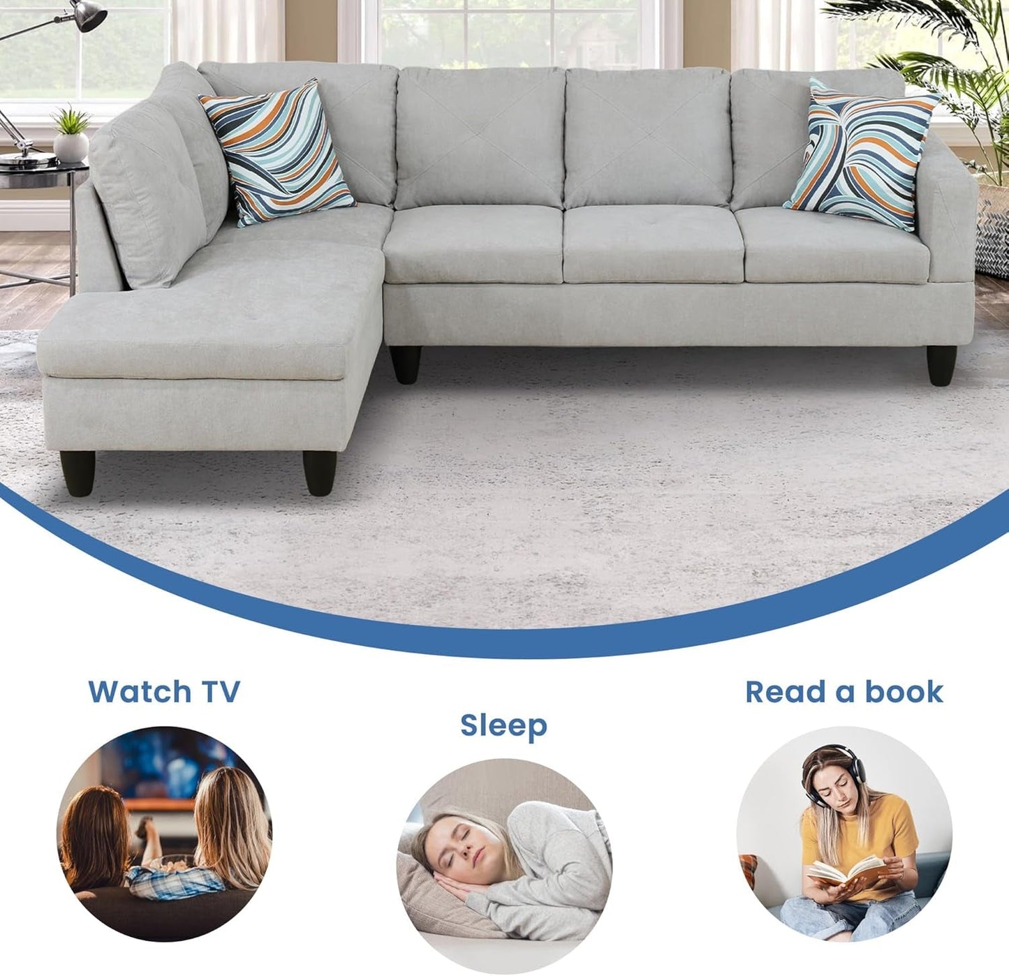 L-Shaped Sectional Sofa Set Luxurious Flannelette 5-Seat Couches, Durable and Comfortable, Space-Saving Design Perfect for Modern Living Room, Apartment, Grey White-2