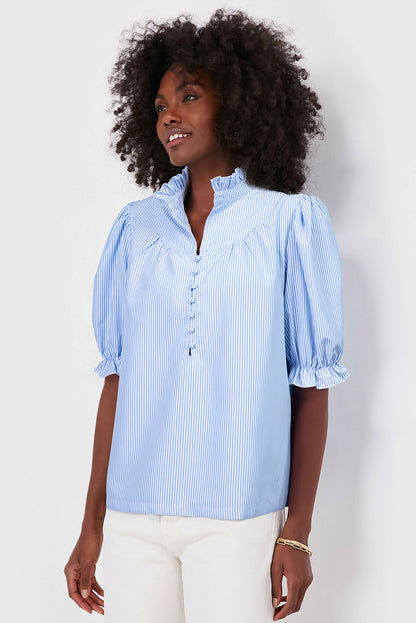 Sky Blue Stripe Ruffled Collar Puff Sleeve Half Buttons Blouse
