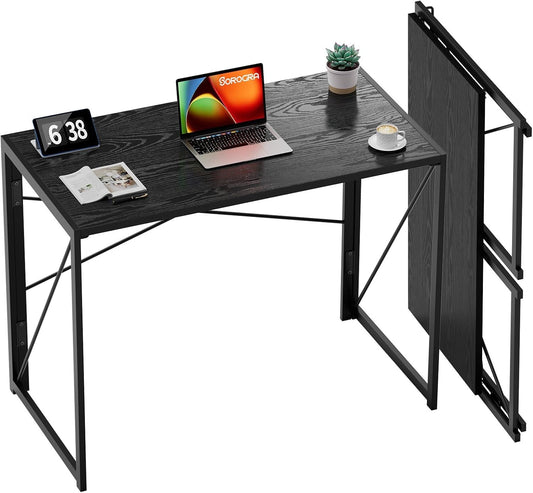 Small Folding Desk 31.5 Inch No Assembly Required Computer Desks, Spaces Saving Foldable Table for Bedroom, Home Office, Dorm, Apartment, Kids, Black Wood-0
