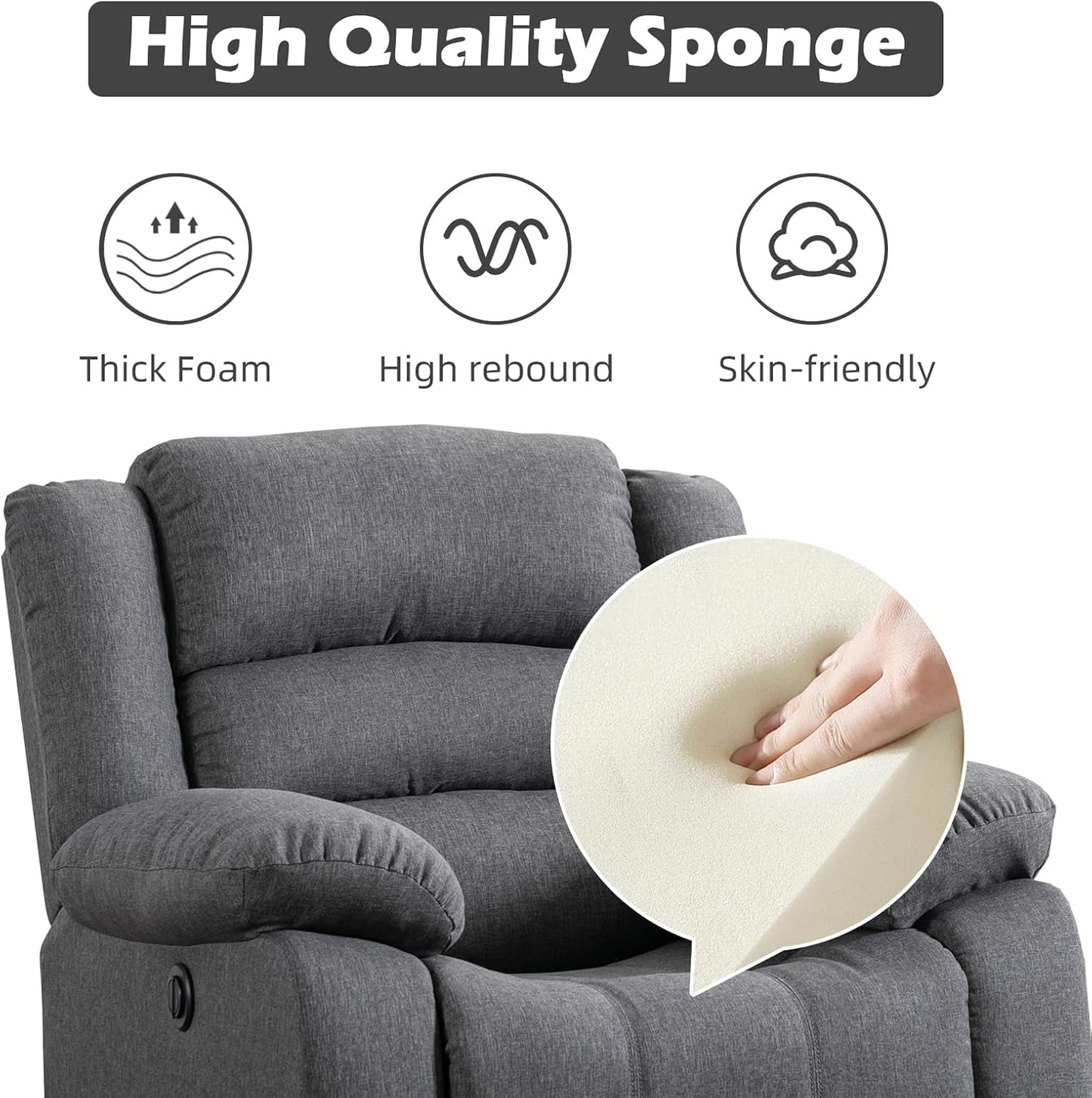 Classic Power Recliner Chair, Oversized Electric Reclining Chair with Overstuffed Cushion and Back, Soft Fabric Adults Single Recliner Sofa for Living Room, Grey-3