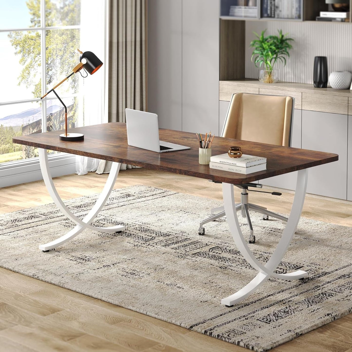 Executive Desk, 63” W X 31.5” D Large Office Desk, Modern Computer Desk Conference Table Meeting Room Table, Business Furniture for Home Office, White and Walnut-0