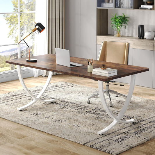 Executive Desk, 63” W X 31.5” D Large Office Desk, Modern Computer Desk Conference Table Meeting Room Table, Business Furniture for Home Office, White and Walnut-0