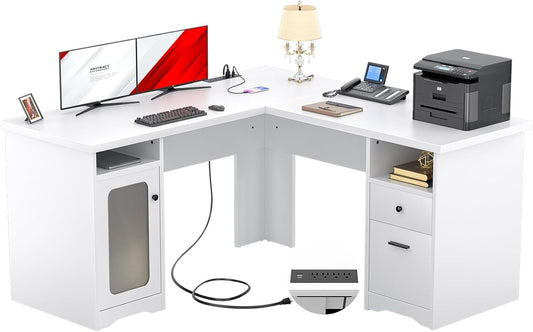 L Shaped Computer Desk with Power Outlets and USB Ports-0
