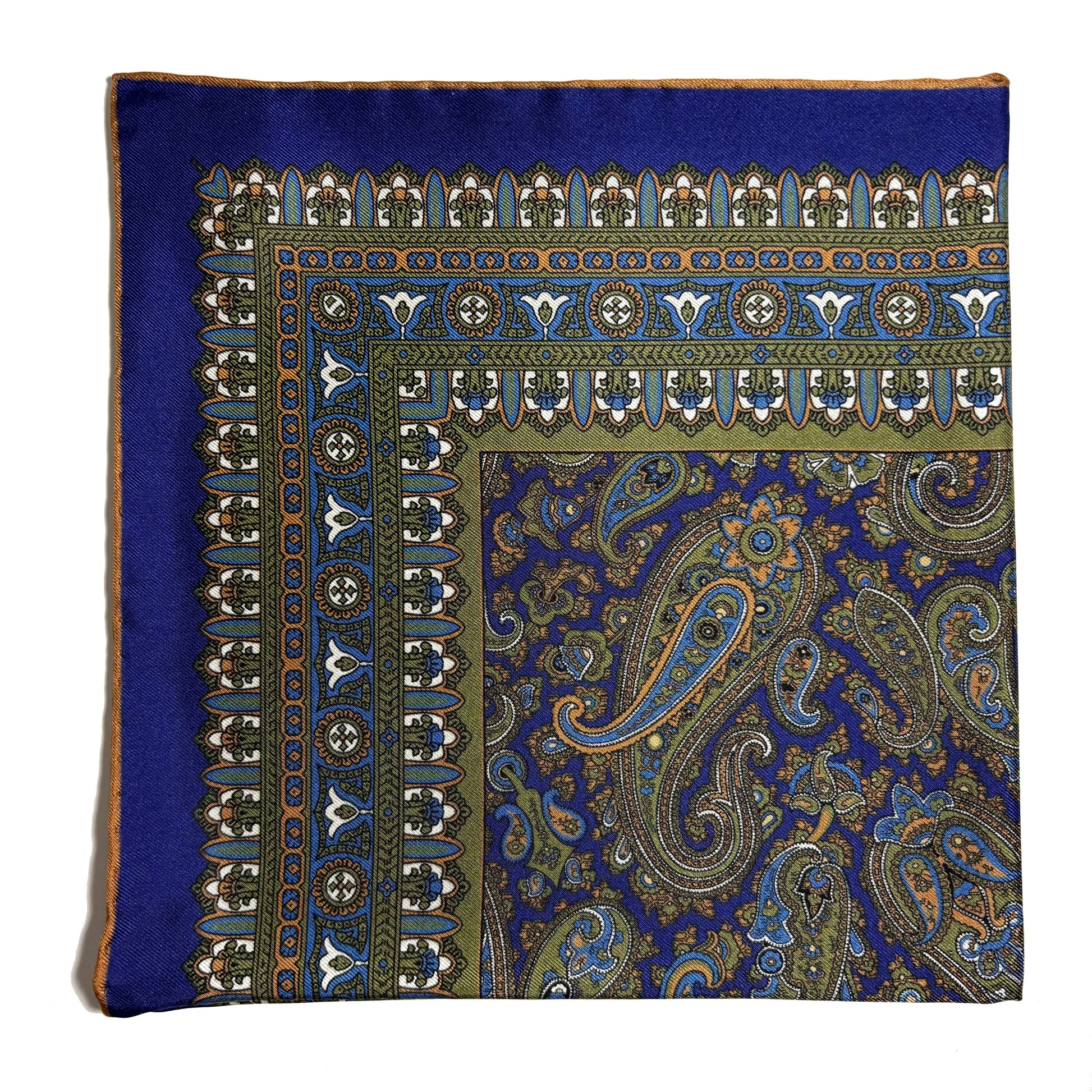 Navy Blue & Green Paisley Silk Pocket Square-0