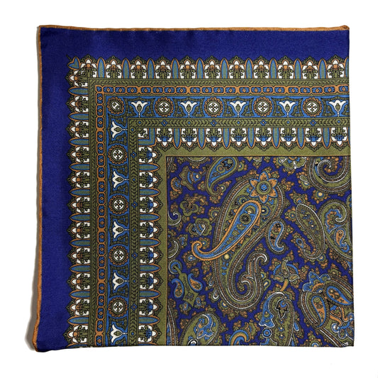 Navy Blue & Green Paisley Silk Pocket Square-0