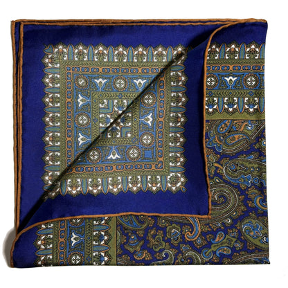 Navy Blue & Green Paisley Silk Pocket Square-2
