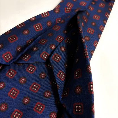 Seven Fold Navy Blue & Red Geometric Printed Silk Tie-4