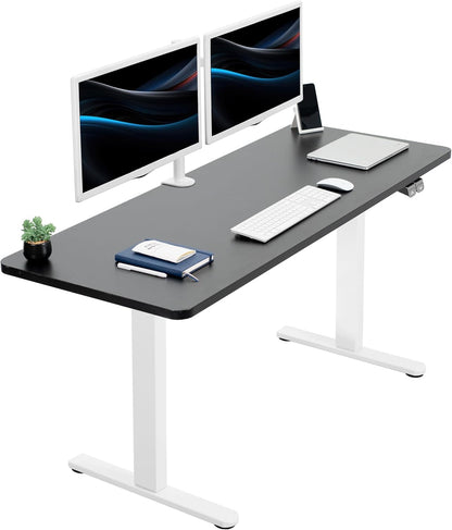 60-Inch Electric Height Adjustable 60 X 24 Inch Stand up Desk, Black Solid One-Piece Table Top, White Frame, Home & Office Furniture Sets, B0 Series, DESK-KIT-W06B-0