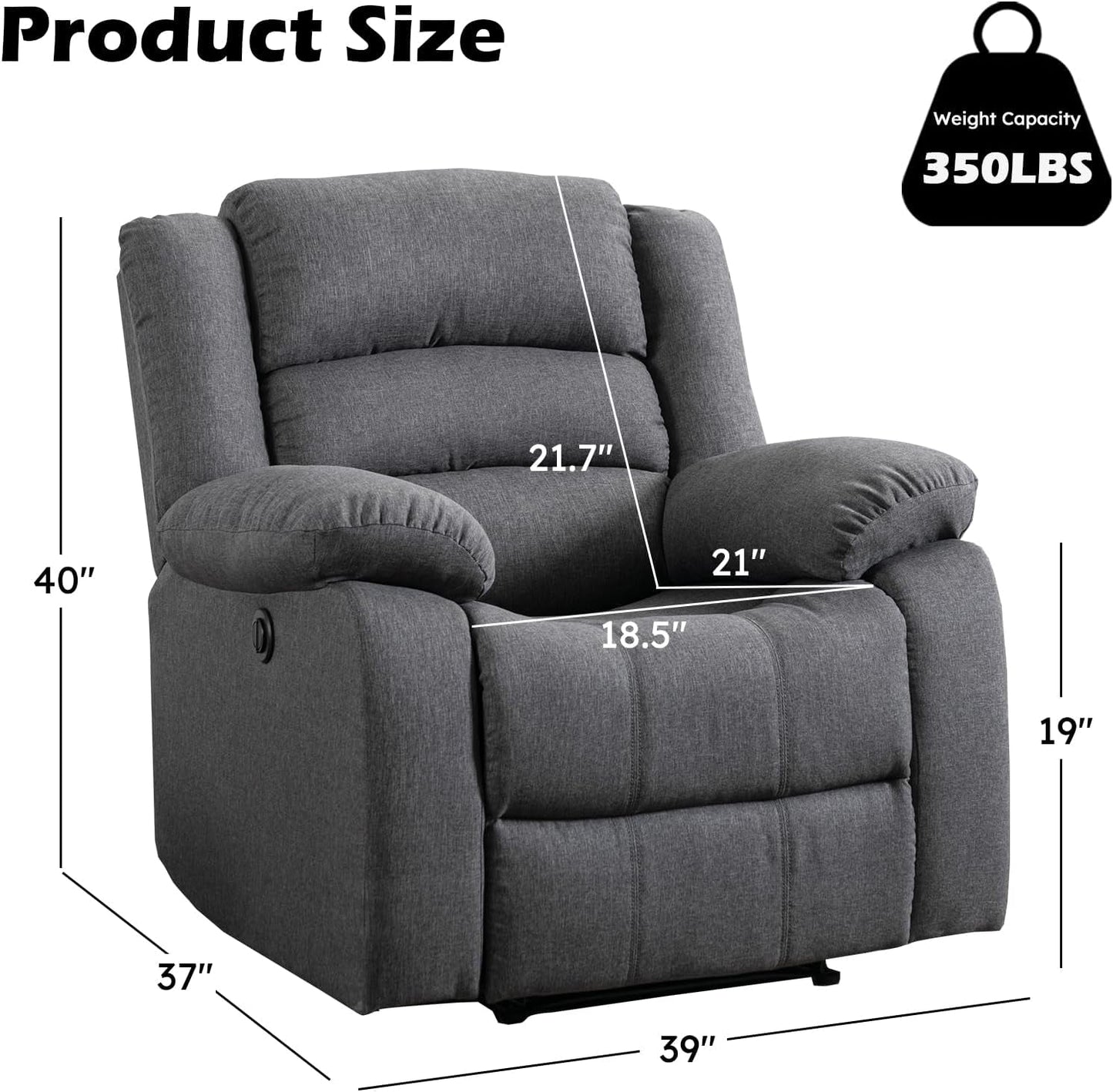 Classic Power Recliner Chair, Oversized Electric Reclining Chair with Overstuffed Cushion and Back, Soft Fabric Adults Single Recliner Sofa for Living Room, Grey-1
