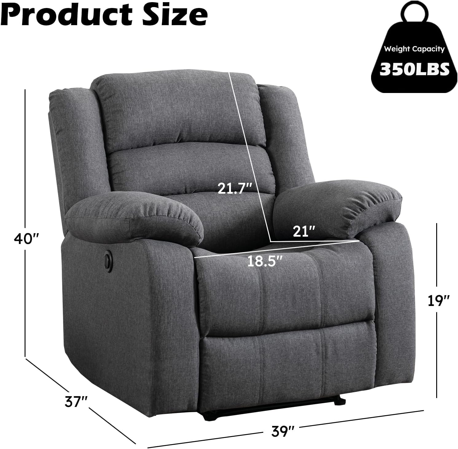 Classic Power Recliner Chair, Oversized Electric Reclining Chair with Overstuffed Cushion and Back, Soft Fabric Adults Single Recliner Sofa for Living Room, Grey-1