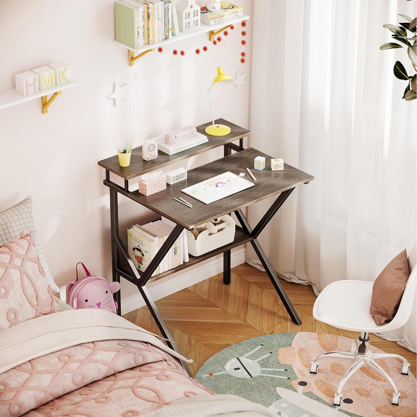 Small Desk, 27.5 Inch Small Computer Desk for Small Spaces, Compact Desk with Storage, Tiny Desk Study Desk with Monitor Stand for Home Office, Grey-4