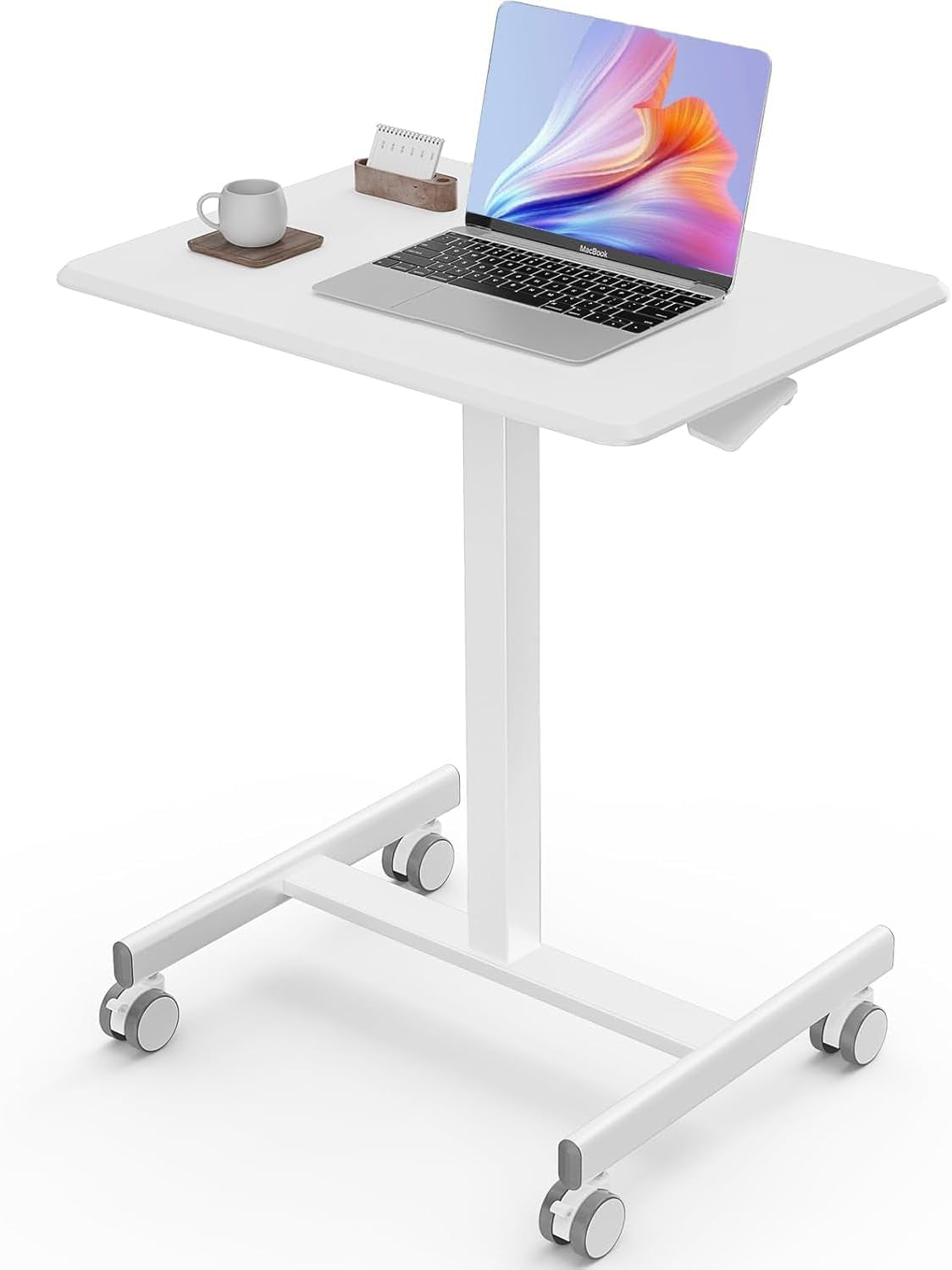Mobile Small Stading Desk - Sit Stand Desk, Portable Rolling Laptop Desk with Lockable Wheels, Computer Workstations, Adjustable Height, White-0
