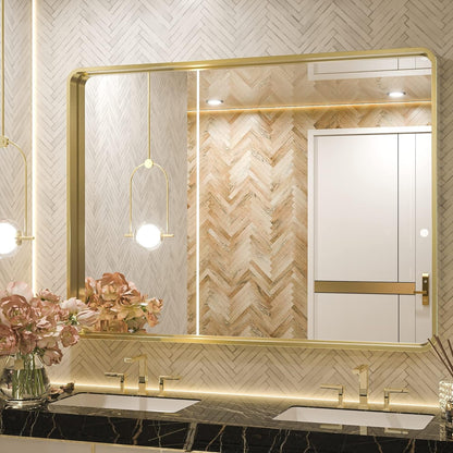 40 X 30 Inch Gold Bathroom Mirror, Brushed Brass Metal Frame Mirror for Vanity, Rectangle Wall Mounted Golden Modern Mirror (Horizontal/Vertical)-0