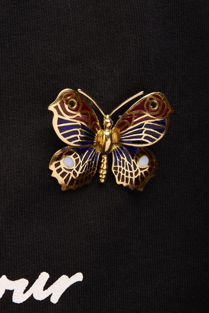 18K Yellow Gold Red, Blue, and White Enameled Butterfly Brooch Pin-3