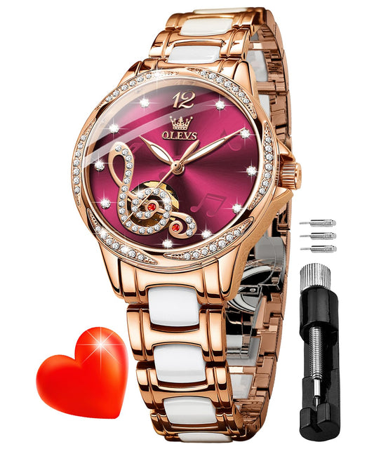 OLEVS Women Diamond Watch Automatic Self Winding Mechanical Ladies Skeleton Rose Gold Ceramic Wrist Watch