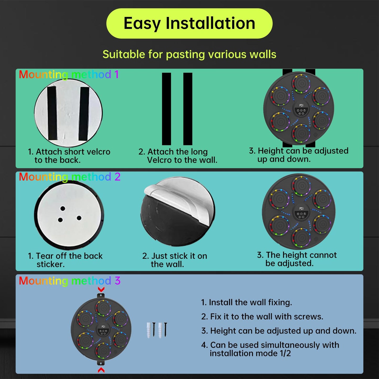 Music Boxing Machine Smart Bluetooth Boxing Equipment for Adults and Kids Home Gym Workout Exercise（2 Pairs of Gloves） (Colorful Light)