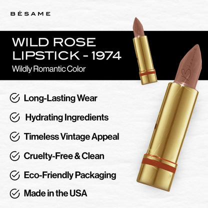 Besame Wild Rose Lipstick - 1974 | Soft Blush Pink Rose Mauve | 1970s Inspired | Day to Night | Everyday Shade Suits All Skin Colors | Long Lasting Satin Finish | With Moisturizing Vitamin E & Aloe