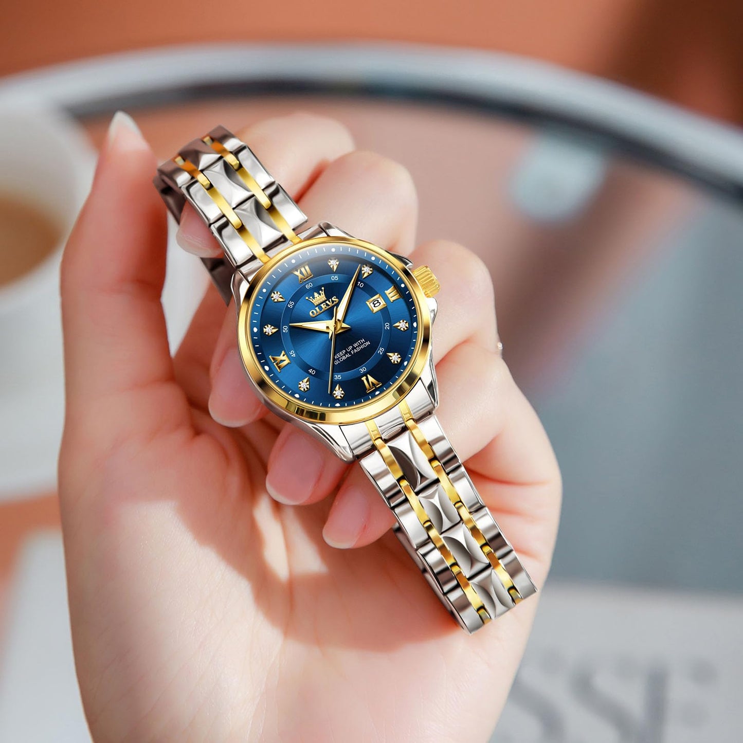 OLEVS Blue Watches for Women Stainless Steel Elegant Dress Women Watch Waterproof Analog Two Tone Women's Bracelet Watches Small Wrist Luminous Ladies Diamond Watch with Day Date Easy to Read