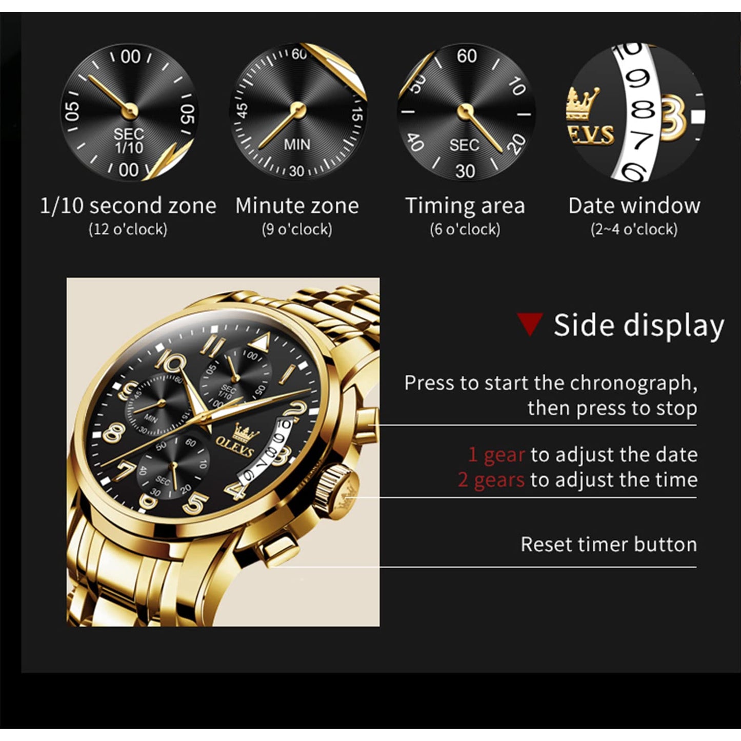 OLEVS Gold Watches for Men Dress Original Luxury Waterproof Analog Watches for Men Big Wrists Stainless Steel Chronograph Elegant Men's Watch Luxury Fashion Golden Black Big Face Watch Relojes para hombres