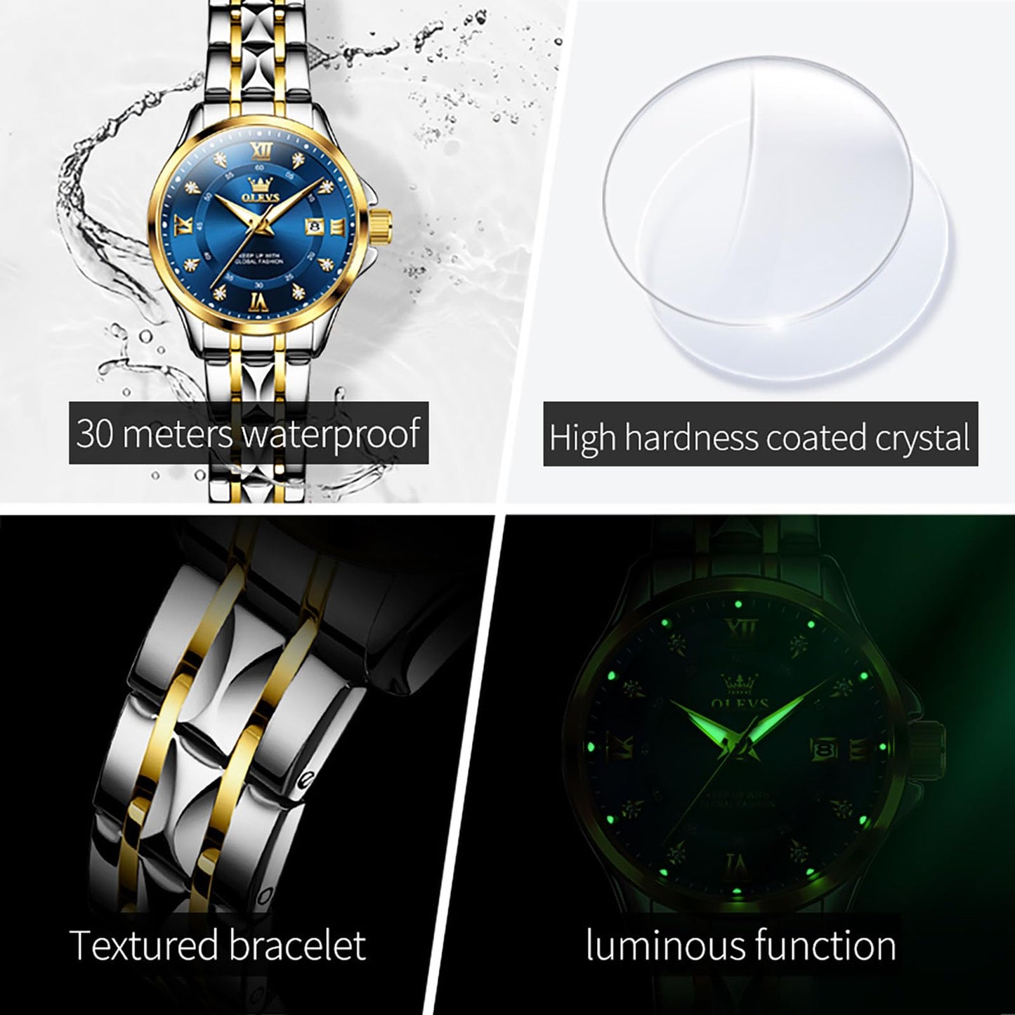 OLEVS Blue Watches for Women Stainless Steel Elegant Dress Women Watch Waterproof Analog Two Tone Women's Bracelet Watches Small Wrist Luminous Ladies Diamond Watch with Day Date Easy to Read