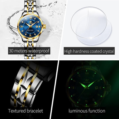 OLEVS Blue Watches for Women Stainless Steel Elegant Dress Women Watch Waterproof Analog Two Tone Women's Bracelet Watches Small Wrist Luminous Ladies Diamond Watch with Day Date Easy to Read