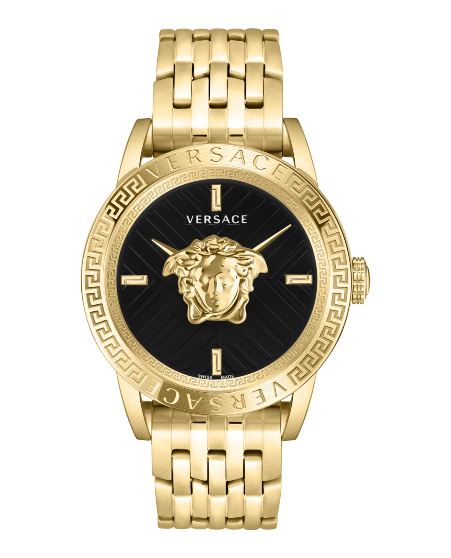 Versace V-Code Collection Luxury Mens Watch Timepieces with a Gold Bracelet Featuring a IP Yellow Gold Case and a Black Dial
