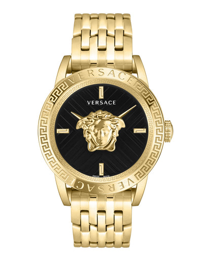 Versace V-Code Collection Luxury Mens Watch Timepieces with a Gold Bracelet Featuring a IP Yellow Gold Case and a Black Dial