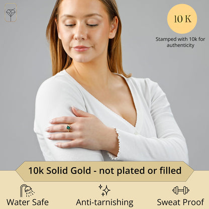 MAX + STONE Created Green Emerald Oval Sunburst Halo Ring for Women in 10k Yellow Gold with Created White Sapphire and May Birthstone Anniversary Ring Size 6