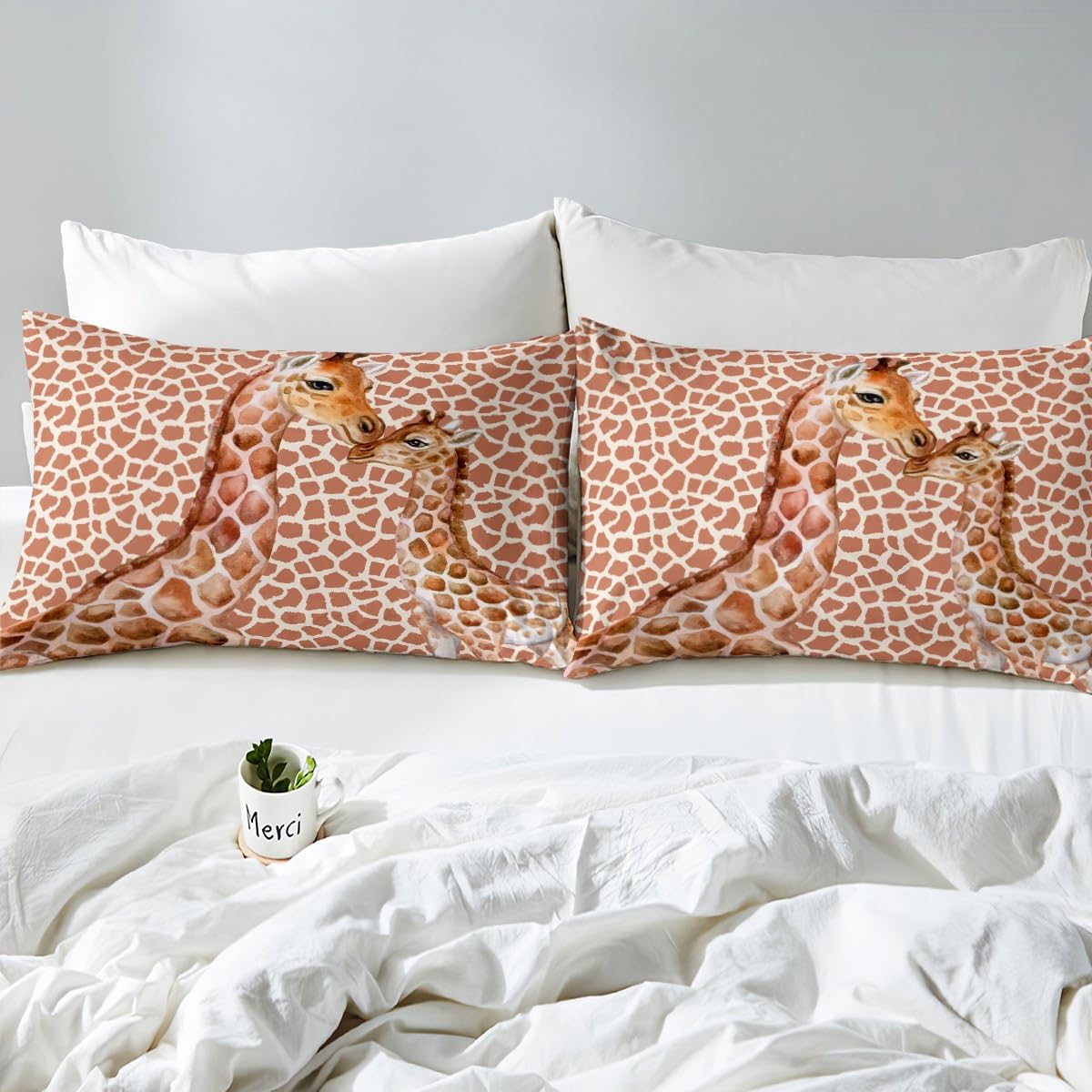 Cute Giraffe Fitted Sheet Queen Size African Wild Animals Bedding Set 3Pcs for Kids Girls Boys Teens Room Decor Cartoon Giraffe Skin Print Bed Sheet Fashion Soft Deep Packet Sheet,2 Pillowcases