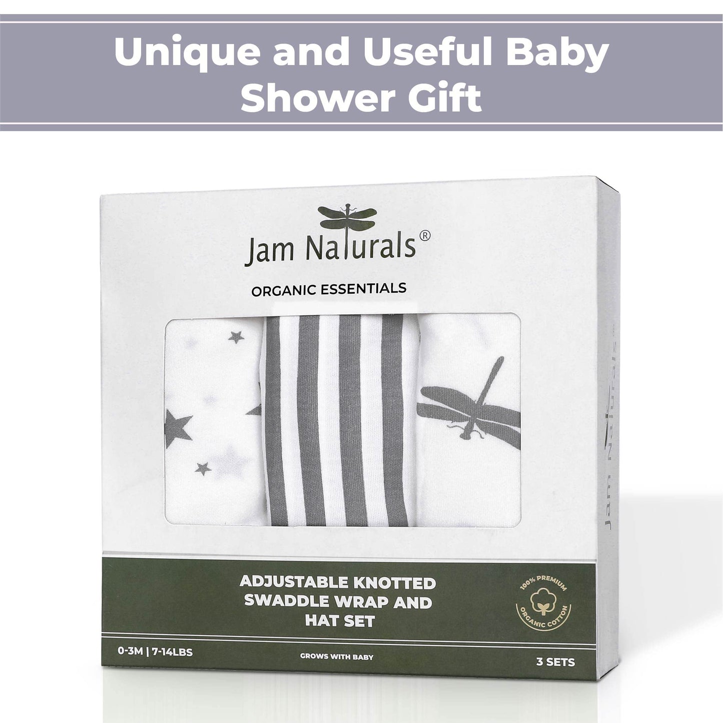Jam Naturals- Organic Knotted Tie Bottom Adjustable Velcro Swaddle and Hat Set of 3, Newborn Sleep Sack (0-3m, 7-14lbs Grey)