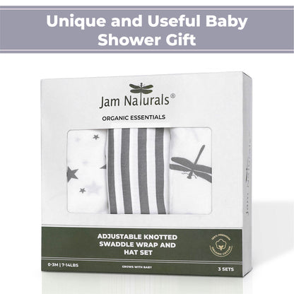 Jam Naturals- Organic Knotted Tie Bottom Adjustable Velcro Swaddle and Hat Set of 3, Newborn Sleep Sack (0-3m, 7-14lbs Grey)