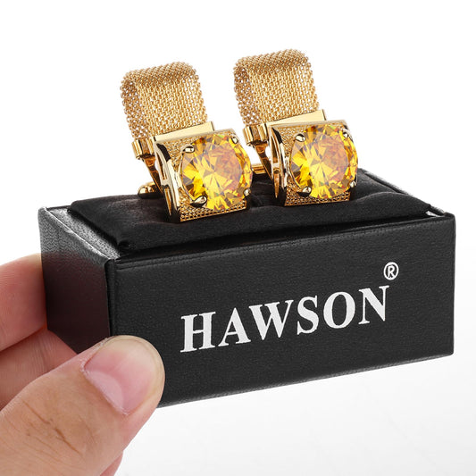 Birthstone Cufflinks for Men with Chain - Shiny Gold Tone Shirt cuff links -Wedding Business Birthday Christmas Gifts for Men.