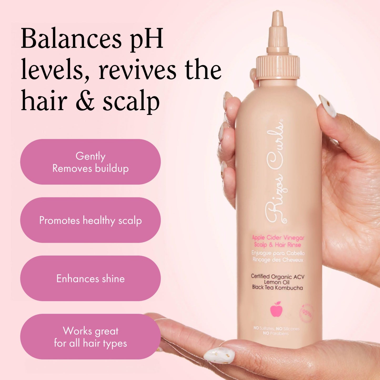 Rizos Curls Apple Cider Vinegar Scalp & Hair Rinse, Clarifies to Remove Product Buildup, Balance Oils, Revive Hair & Scalp, Enhances Softness & Shine, 10 oz