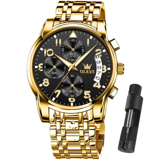 OLEVS Gold Watches for Men Dress Original Luxury Waterproof Analog Watches for Men Big Wrists Stainless Steel Chronograph Elegant Men's Watch Luxury Fashion Golden Black Big Face Watch Relojes para hombres