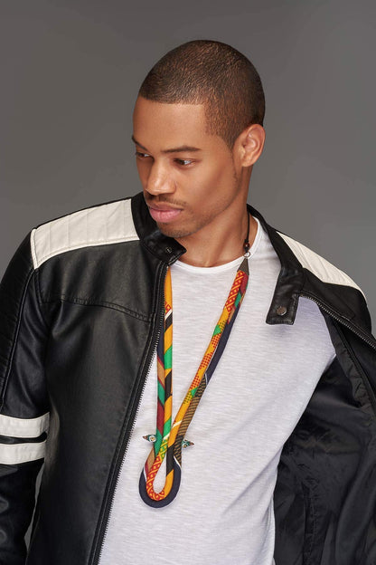 Male Kente African Necklace | Men’s Yellow and Black Kente Tribal Corded Necklace | Mens African Necklace | African Tie | Mens African Jewelry | Mens Ankara Necklace Afrocentric | Cloth & Cord