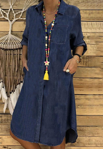 CHARTOU Women Long Sleeve Denim Button Up Shirt Dress Midi Jean Dress Flowy Tunic Shift Dress Flared A Line Dress (X-Small, Navy Blue)