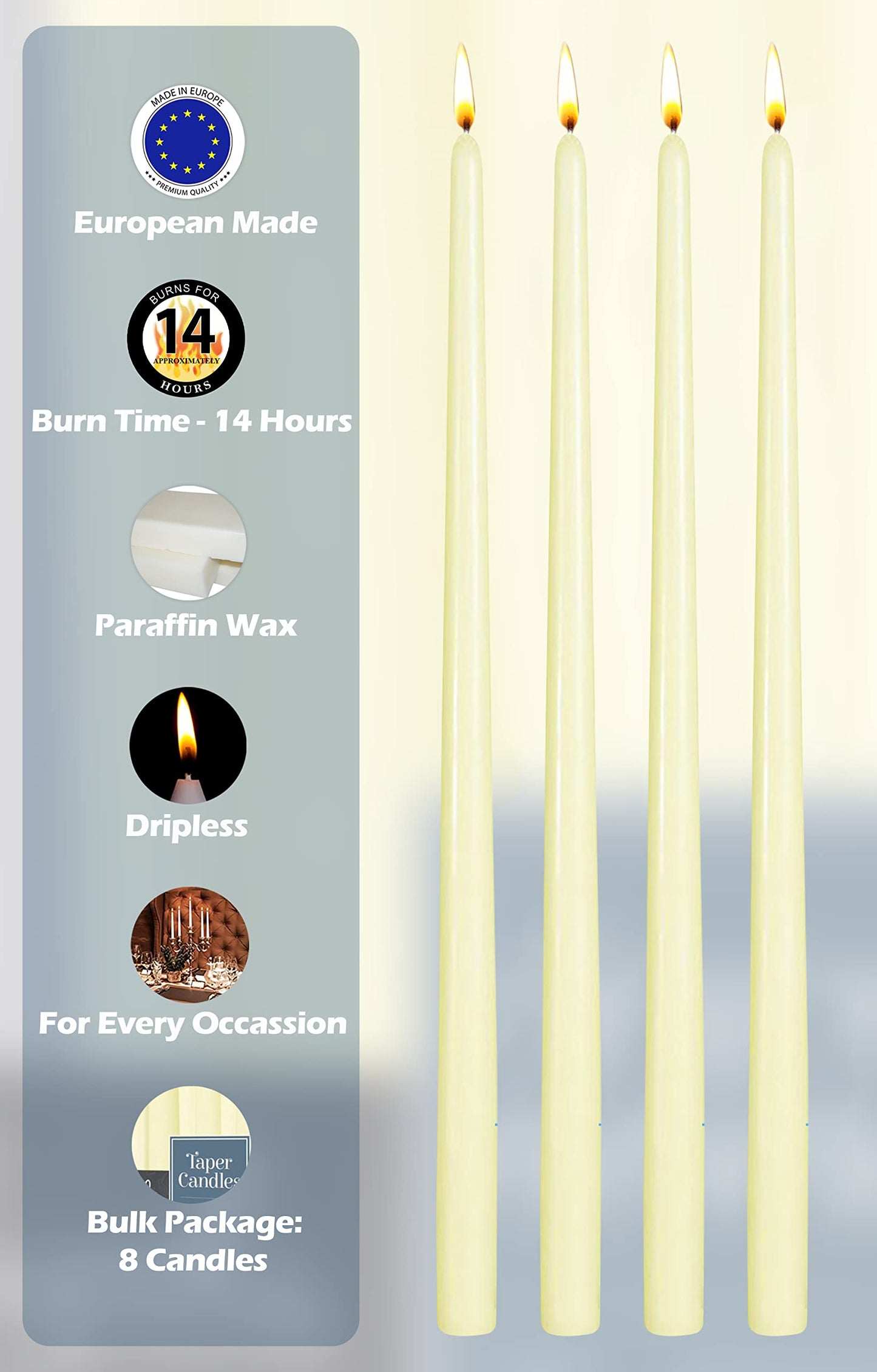 Hyoola Tall Taper Candles - 16 Inch Ivory Unscented Dripless Taper Candles - 14 Hour Burn Time - 8 Pack