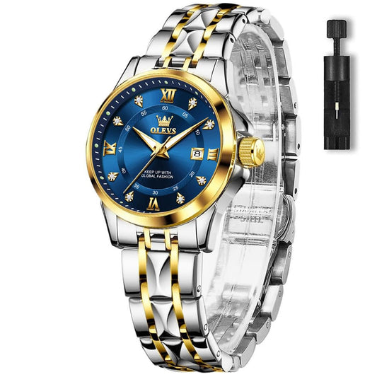 OLEVS Blue Watches for Women Stainless Steel Elegant Dress Women Watch Waterproof Analog Two Tone Women's Bracelet Watches Small Wrist Luminous Ladies Diamond Watch with Day Date Easy to Read