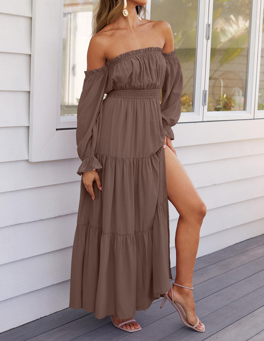 ZESICA Women's 2025 Boho Sexy Off Shoulder Long Sleeve Smocked High Waist Side Split Flowy A Line Tiered Long Maxi Dress,Coffee,Medium